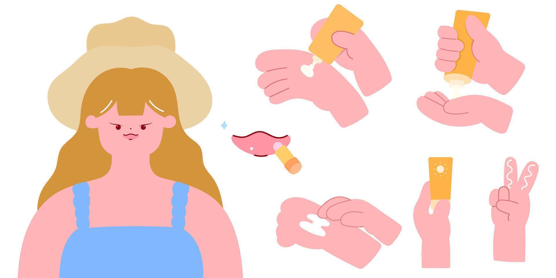 woman applying sunscreen and cushion with summer accessories such as sunscreen, lip balm, straw hat and sunglasses vector
