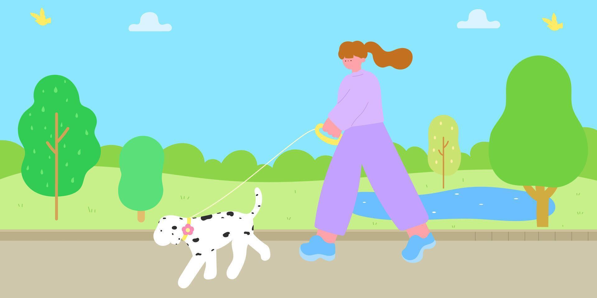 Woman walking Dalmatian dog in a park vector
