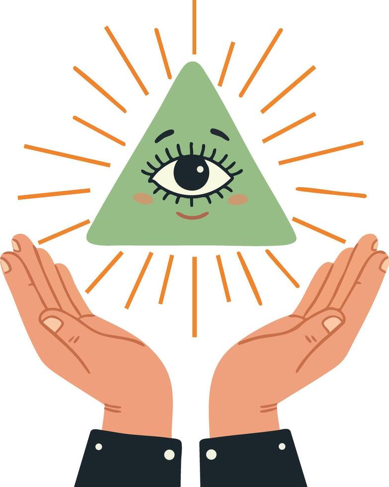 Mystical green triangle with all-seeing eye above hands in protective gesture illustration vector