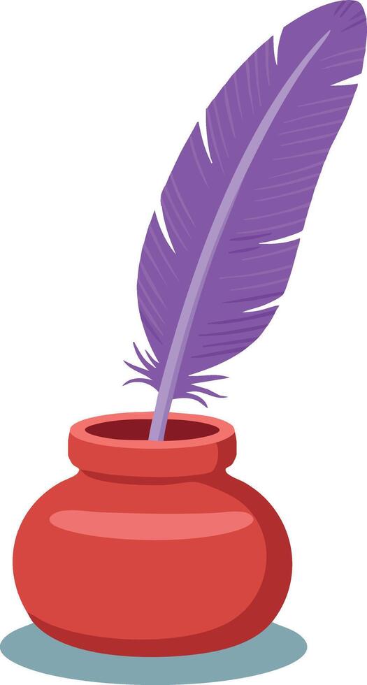 Purple feather quill pen in red ink pot illustration writing tool vector