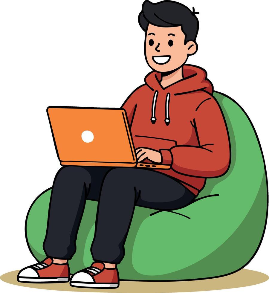 Young man sitting on green bean bag working on orange laptop casual lifestyle illustration vector