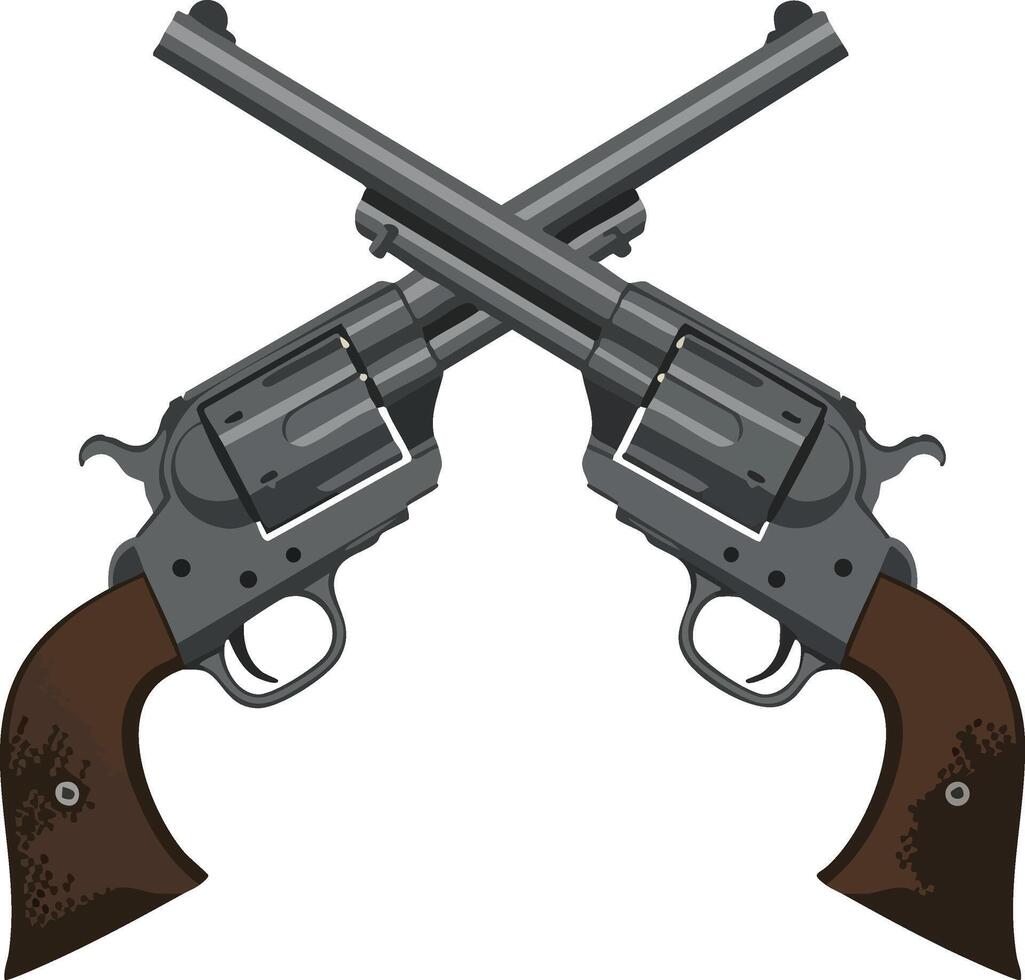 Crossed vintage revolver pistols with brown handles illustration for western designs vector