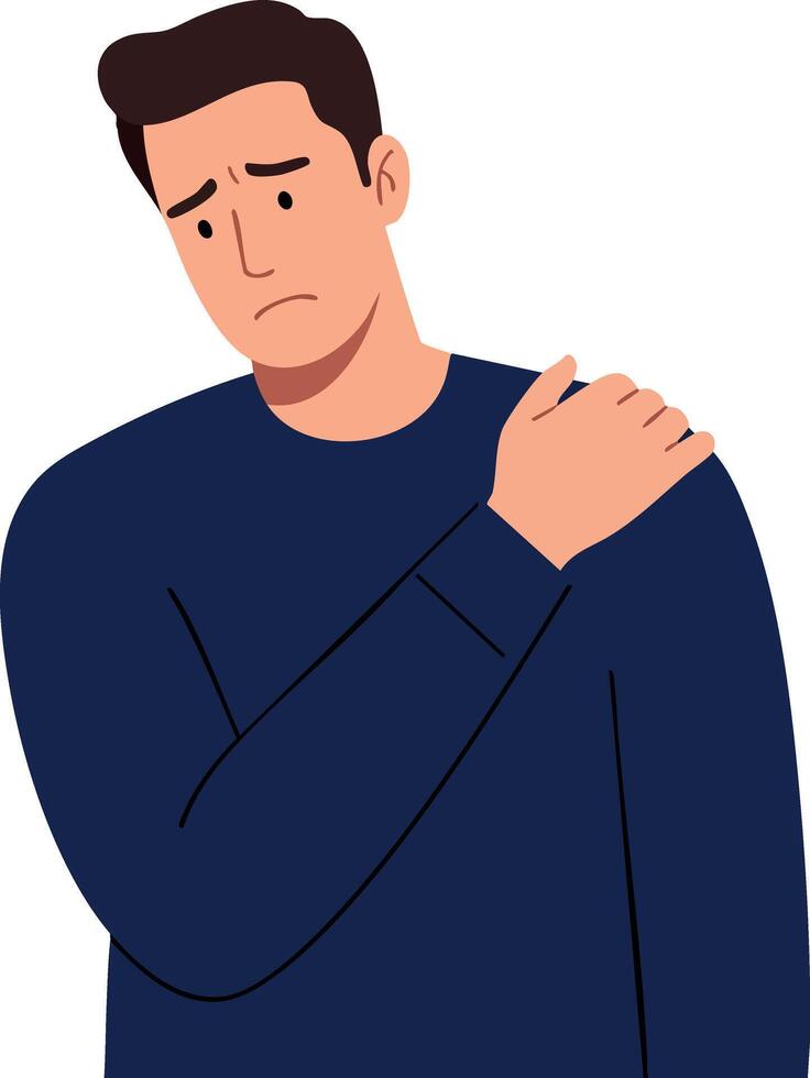 Man with Shoulder Pain Wearing Blue Sweater Expressing Discomfort and Sadness Illustration vector