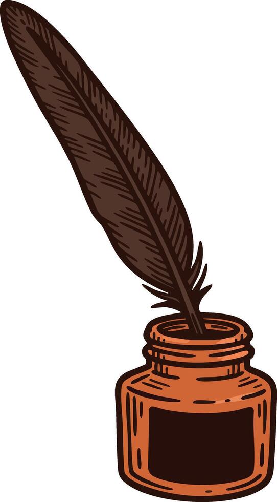 Vintage brown feather quill pen with ink bottle illustration classic writing tool vector