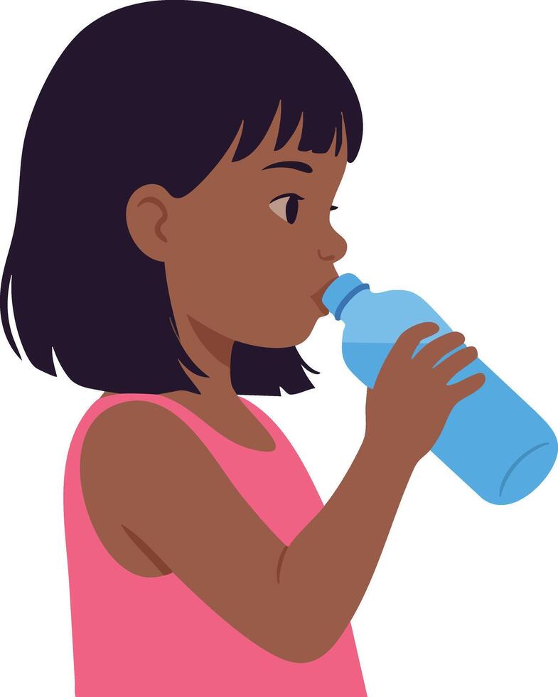 Girl drinking water from blue bottle in pink top illustration vector