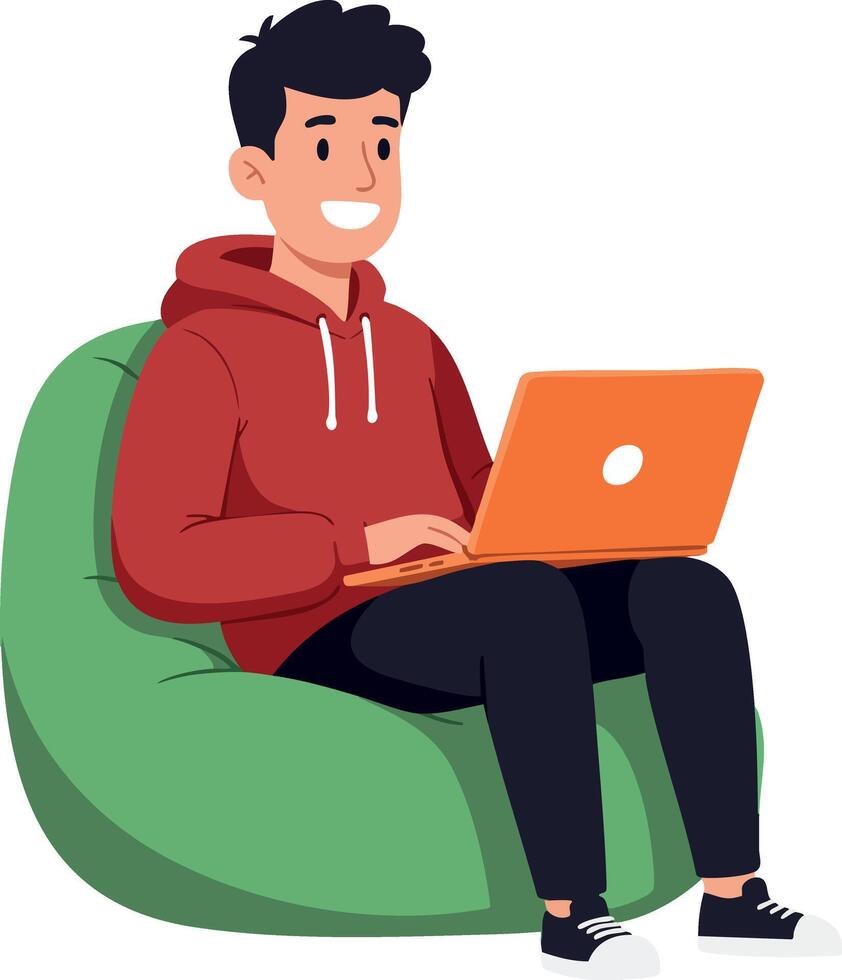 Young man sitting on green bean bag using orange laptop casual lifestyle technology scene vector
