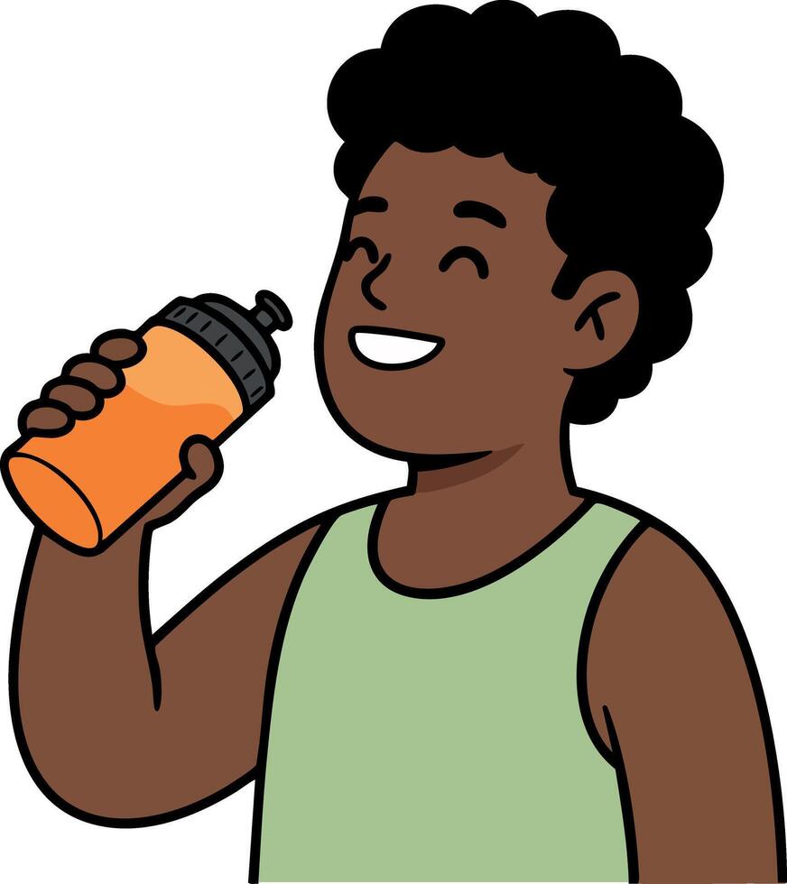 Young man drinking from orange sports bottle smiling in casual green tank top illustration vector