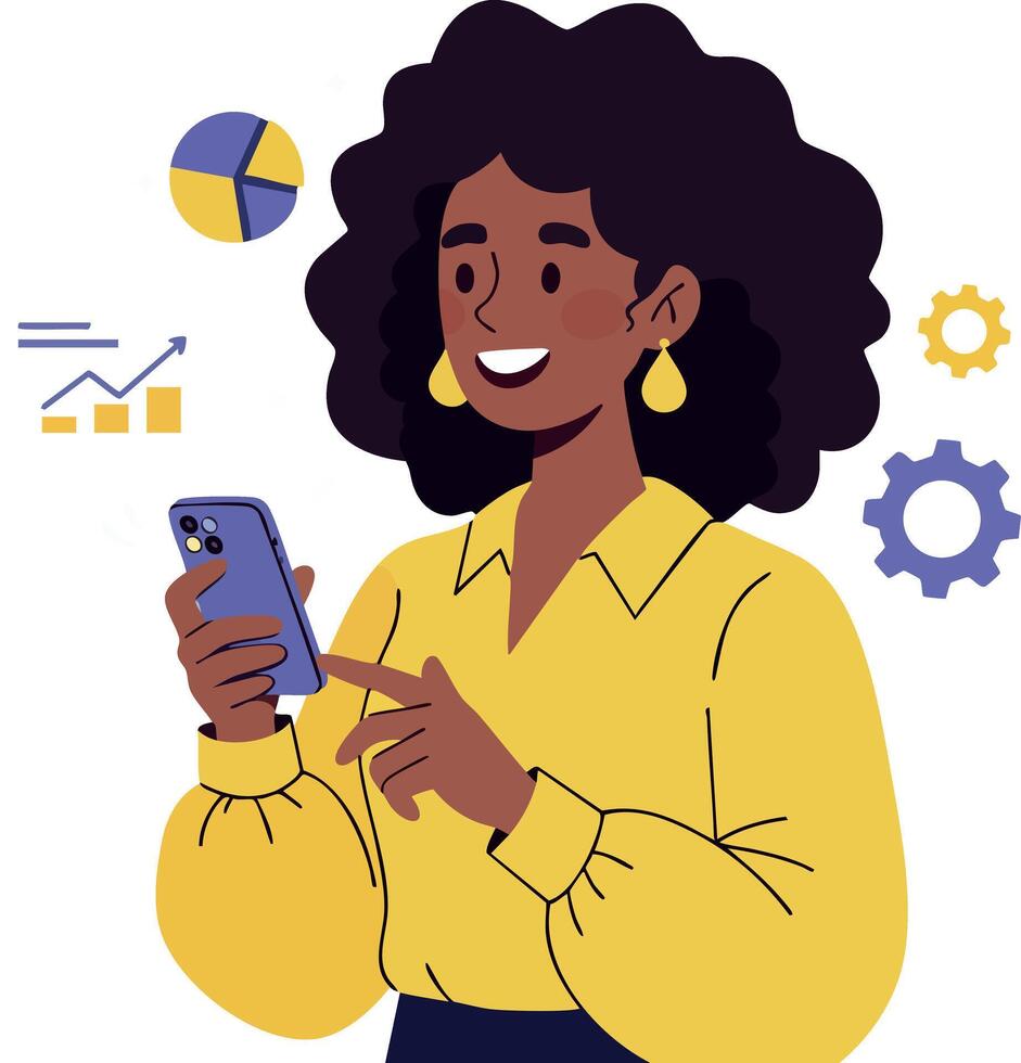 Woman using smartphone with business charts and gears illustration in yellow shirt vector