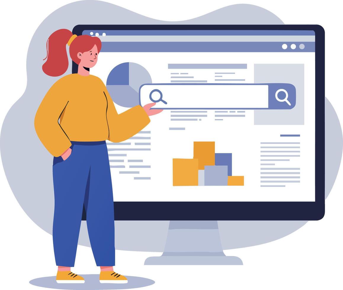 Woman Searching Data on Computer Screen with Graphs and Charts Illustration vector