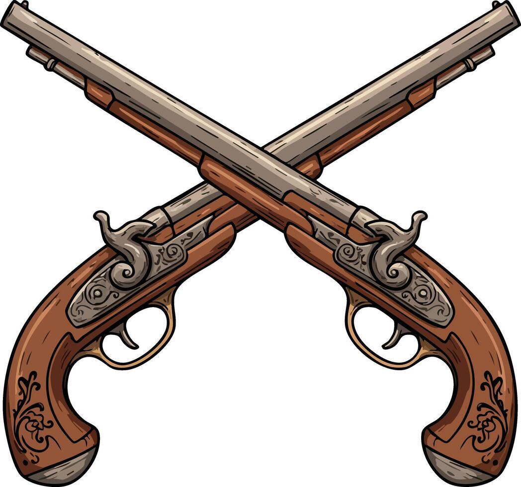 Crossed vintage pistols with wooden handles and metal barrels illustration vector