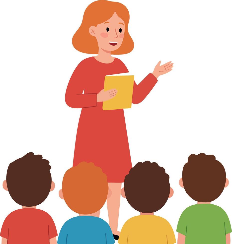 Female Teacher Teaching Children in Classroom Holding Book Illustration vector