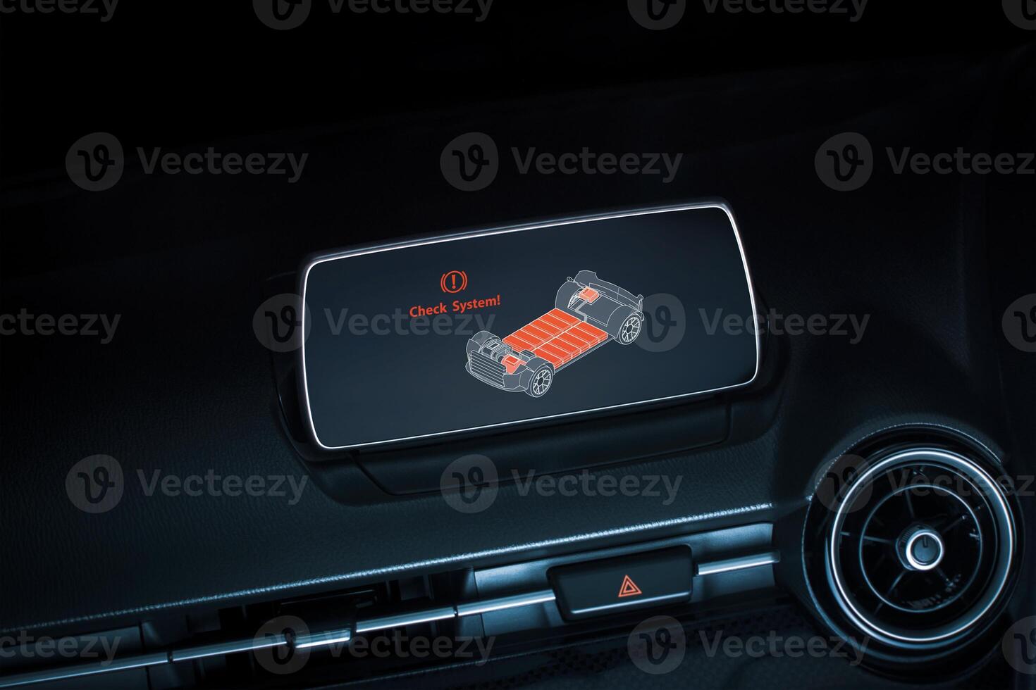 Electric car display, Check System warning on EV battery, automotive diagnostic screen, vehicle issue. Electric Vehicle Technology concept photo