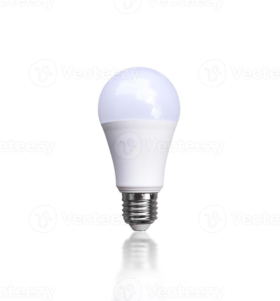 LED Light Bulb, A modern, white LED light bulb with a silver screw base stands upright, isolated on a white background include clipping path. photo