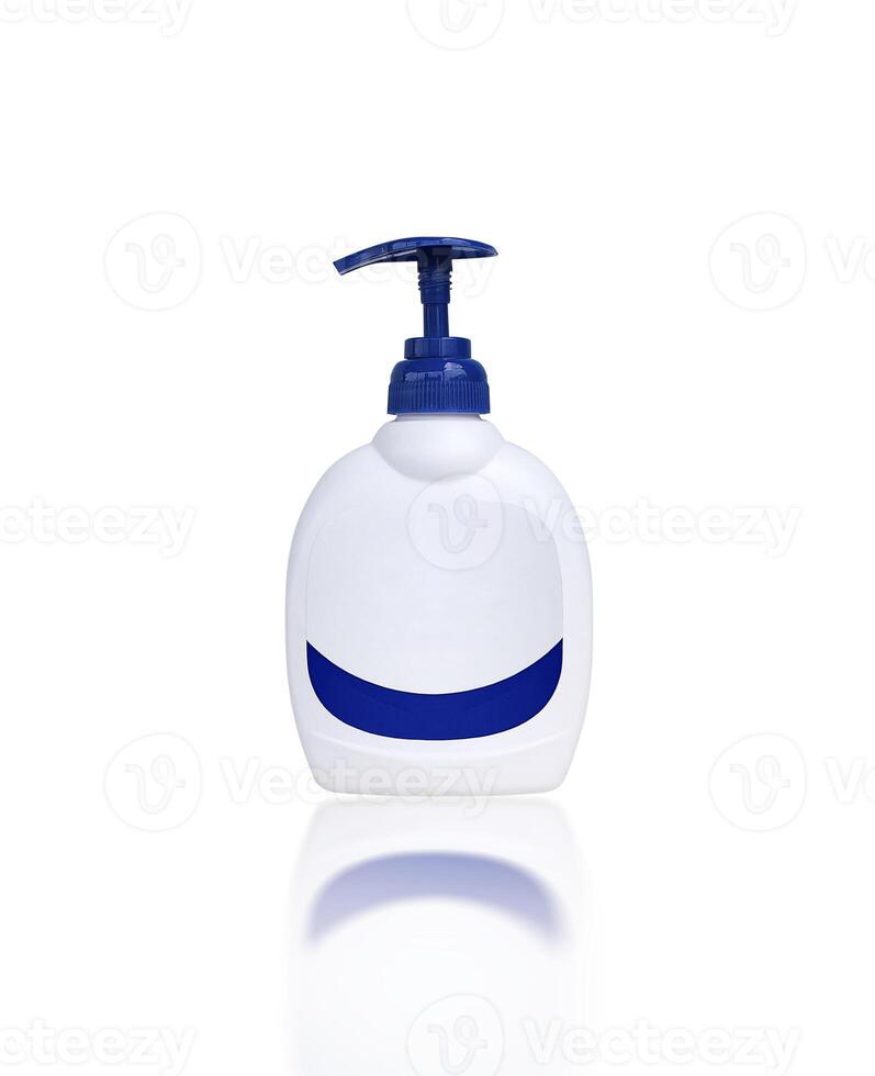 Hand Soap Dispenser, A white hand soap bottle with a blue pump top and a blue stripe on a blank white label include clipping path. photo
