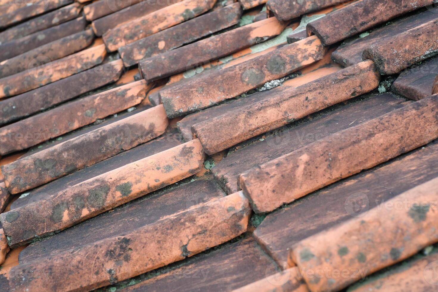 Side view of mossy clay tile roof. Textured background of old tile roof. Abstract detailed backgrounds. Roof of house covered in moss and cracks due to weather. Negative space photo