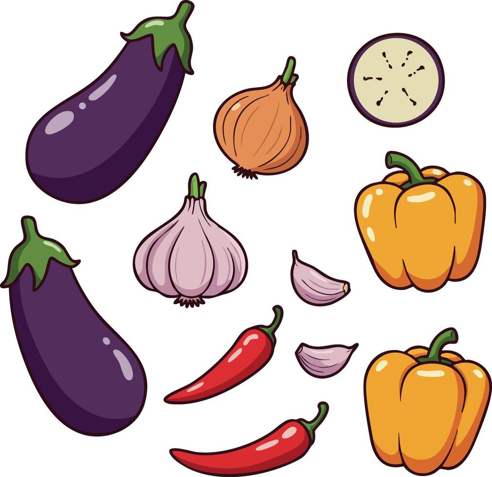 Eggplants garlic chili peppers onion and yellow bell peppers illustration fresh vegetables vector