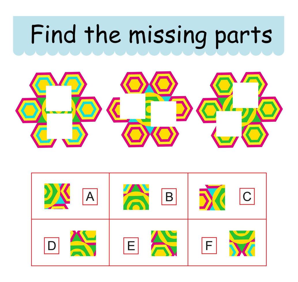 Mind game. Task for the development of logic for kids. Find the missing pieces. vector