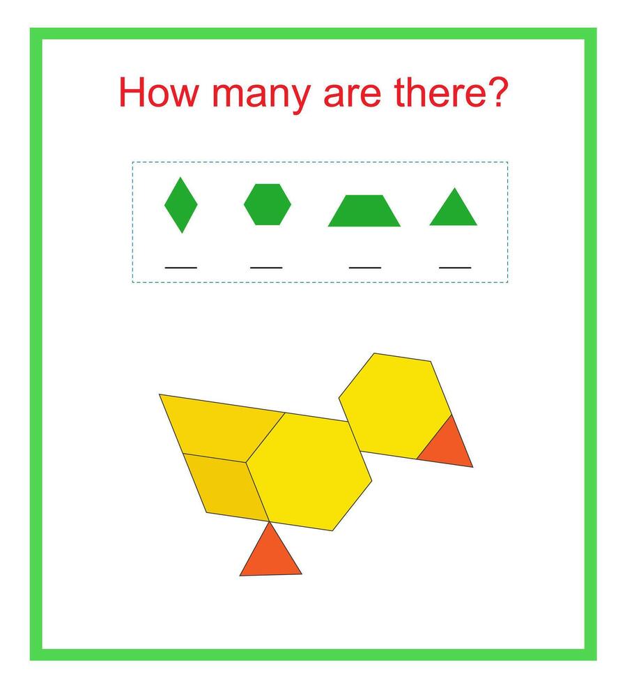 Math activity for kids. How many geometric shapes illustration of cartoon chick. vector