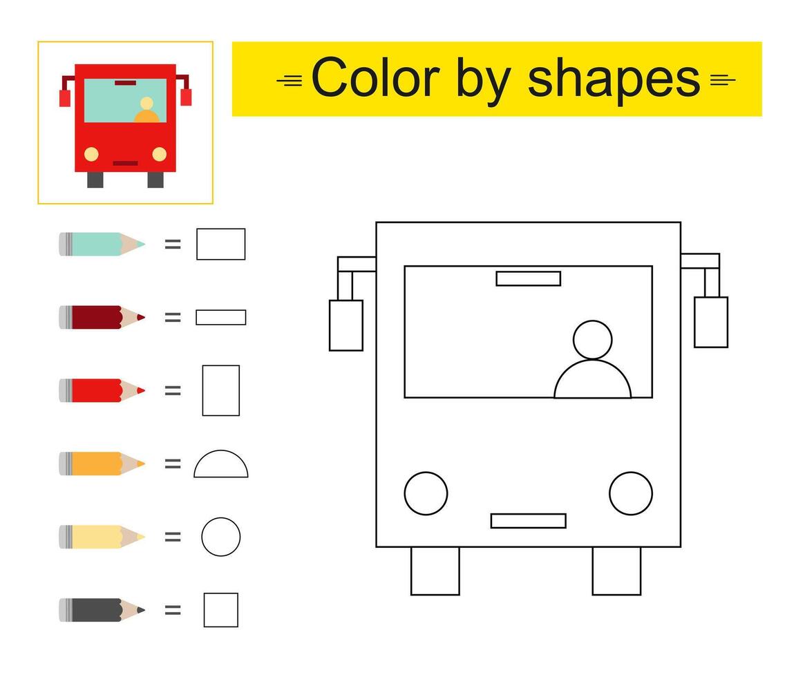 Educational game for kids. Coloring pages. Color by shapes. Cartoon autobus. vector