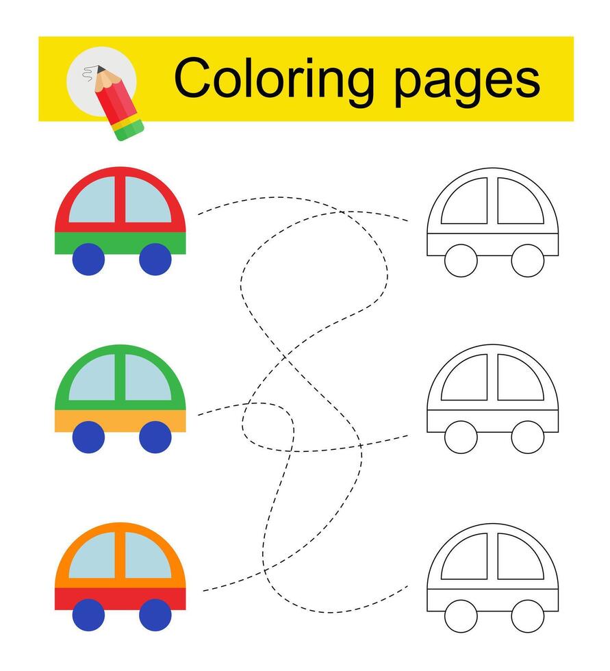 Educational game for kids. Go through the maze and color a cartoon car according to the pattern. vector