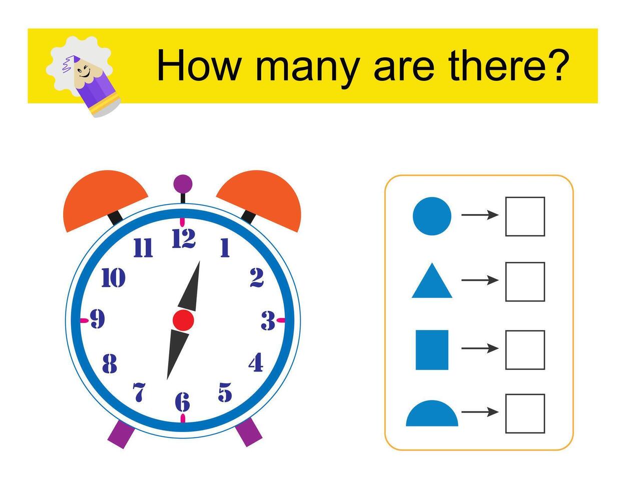 Math activity for kids. How many geometric shapes clock. vector