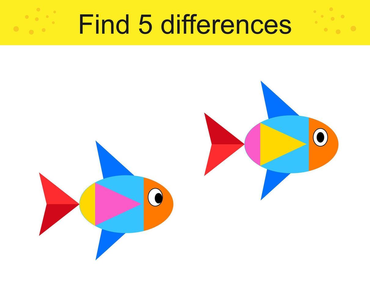 Find 5 differences. Logic puzzle game for kids. Cartoon colorful fishes. vector