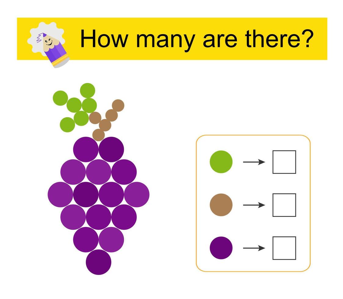 Math activity for kids. Number range up to 15. Cartoon grape. vector