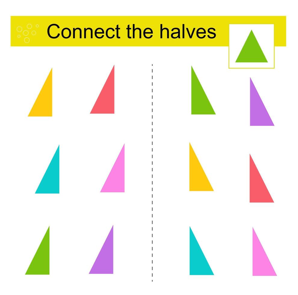 Logic game for kids. Find the halves of shapes. Printable page for brainteaser book. vector