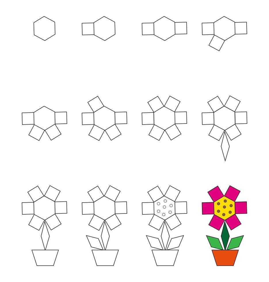 Worksheet easy guide to drawing cartoon flower. Simple step-by-step drawing tutorial for kids. vector