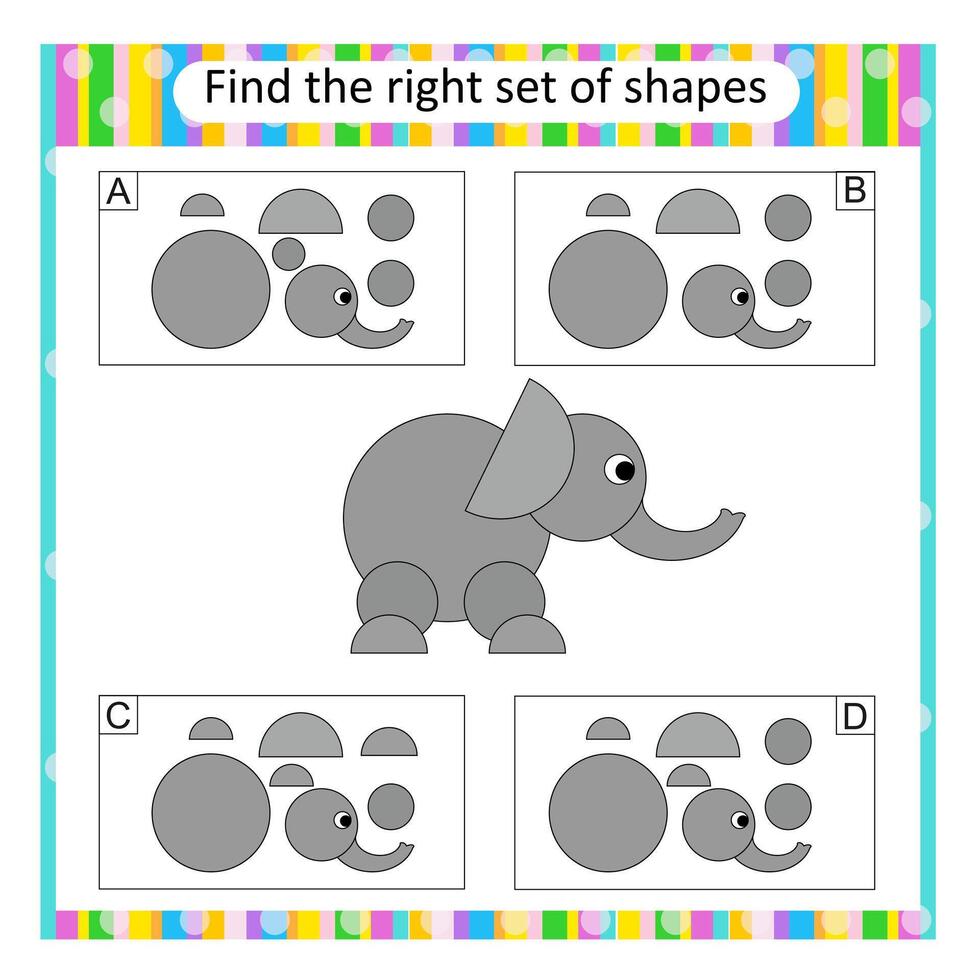 Logic puzzle for kids. Find the correct set of cartoon elephant. Answer is D. vector