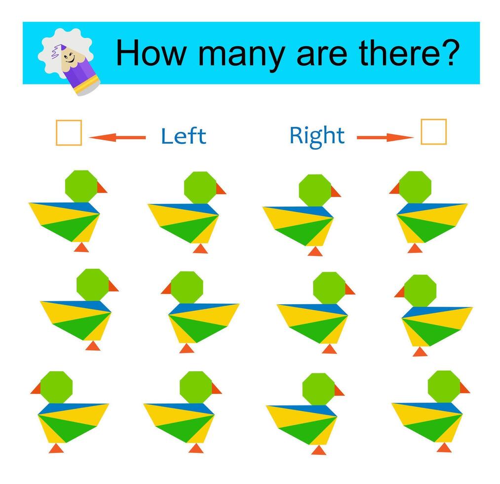 Left or Right. Logic game for kids. Count how many birds are turned left and how many are turned right. vector