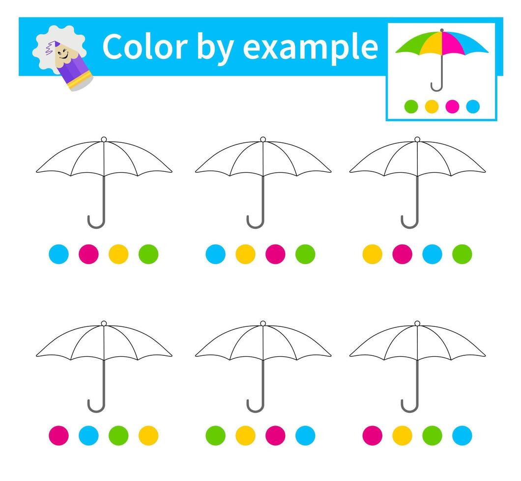 Educational game for kids. Coloring pages. Color by example. Cartoon umbrella. vector