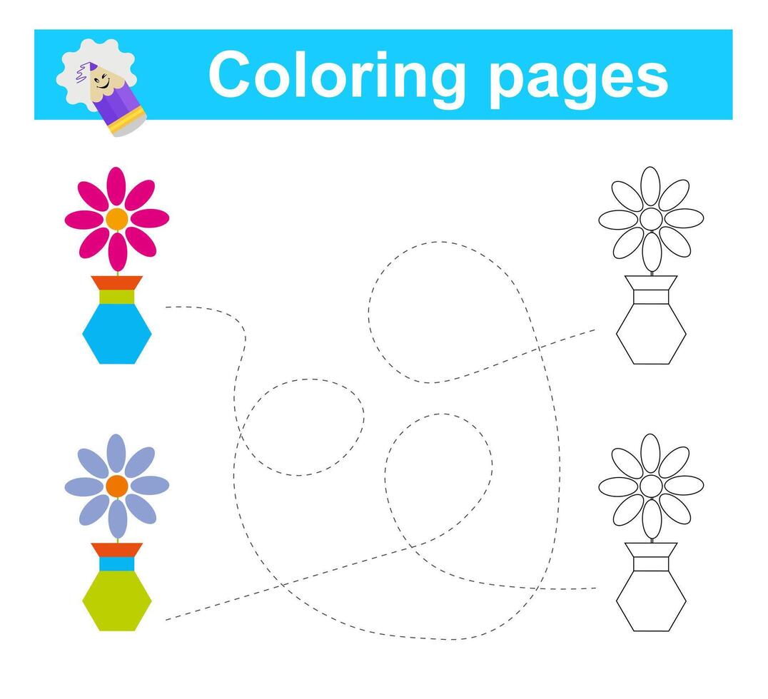 Educational game for children. Go through the maze and color the flower pot according to the pattern. vector