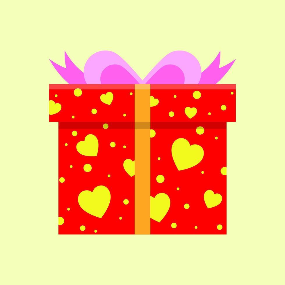 Bright and cheerful gift box illustration with heart patterns and ribbon, perfect for Valentine's Day, birthdays, and celebrations vector