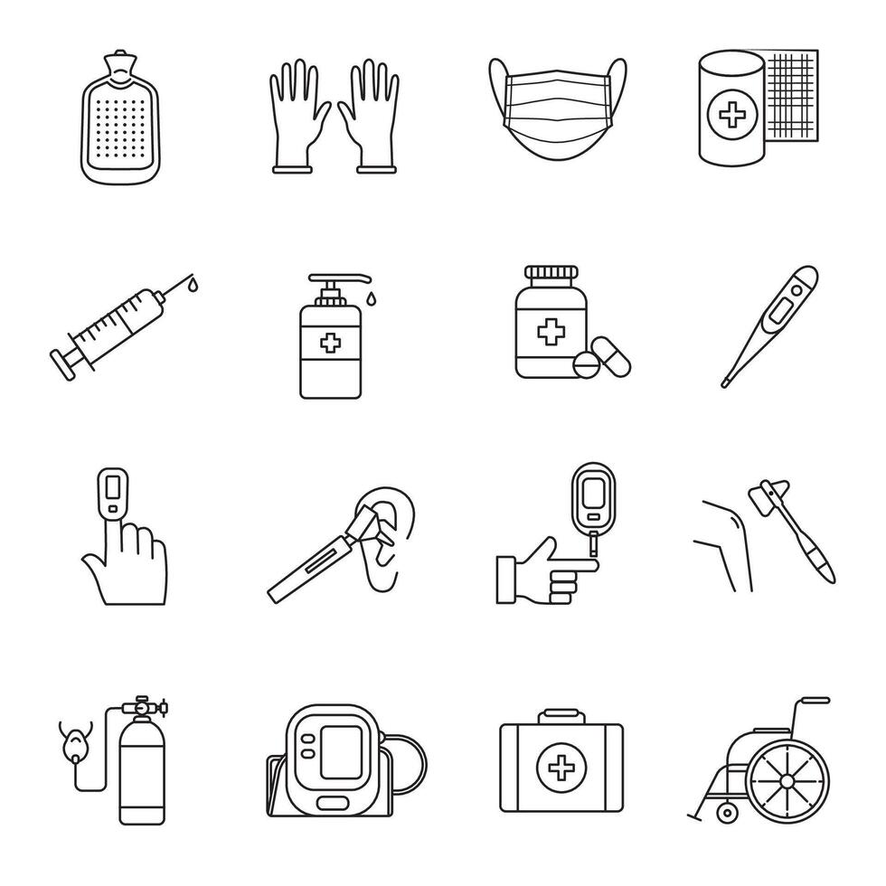 Minimalist line art illustration of medical equipment and healthcare icons, including masks, syringes, thermometers, and first aid essentials vector