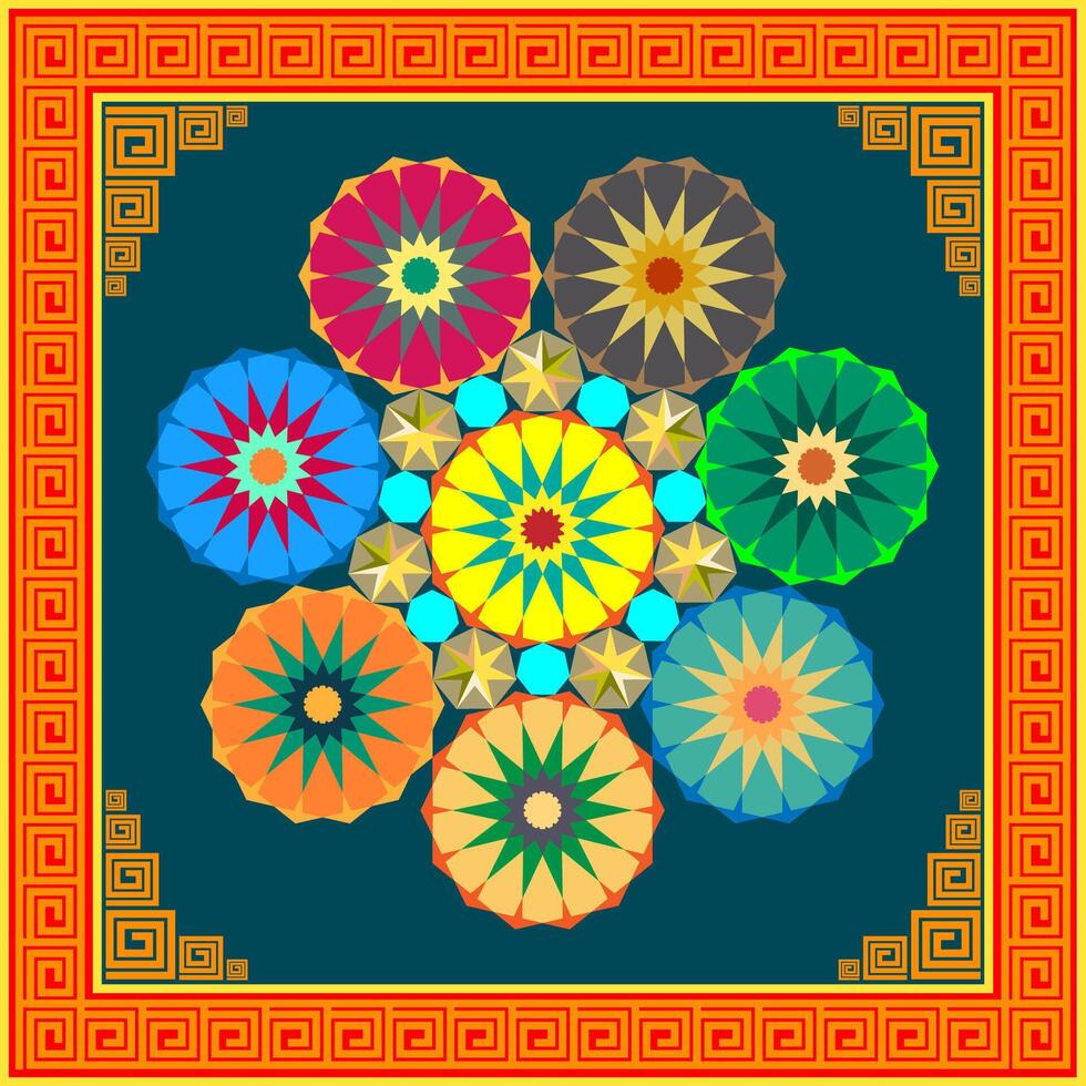 Intricate decorative geometric pattern, symmetrical mandalas within an ornate border. Fuses traditional and modern artistic elements seamlessly. vector