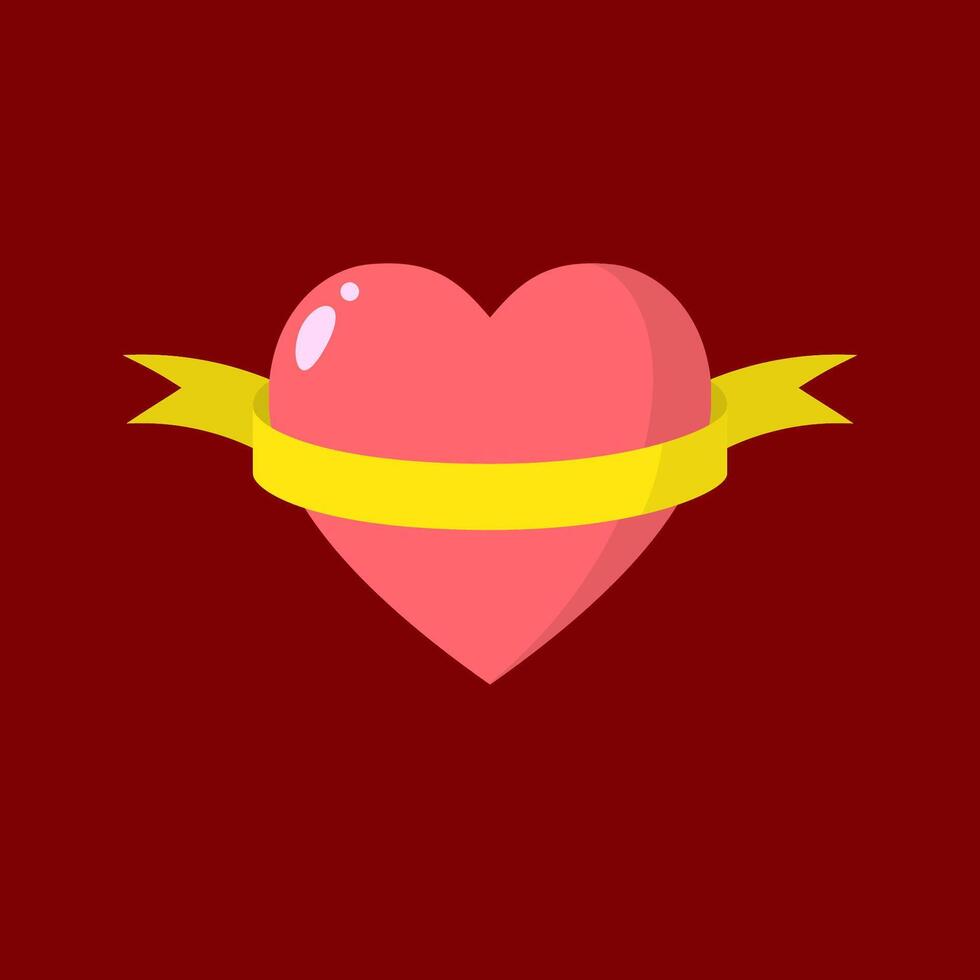Flat illustration of a heart with a yellow ribbon wrapped around it. Ideal for Valentine's Day, love-themed designs, and greeting cards vector
