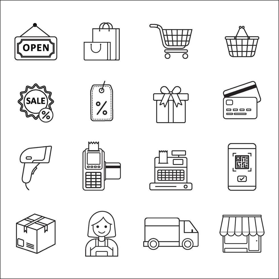 A collection of shopping and commerce line icons, including a shopping cart, barcode scanner, credit card, delivery truck, and more. Ideal for e-commerce, retail, and business designs vector