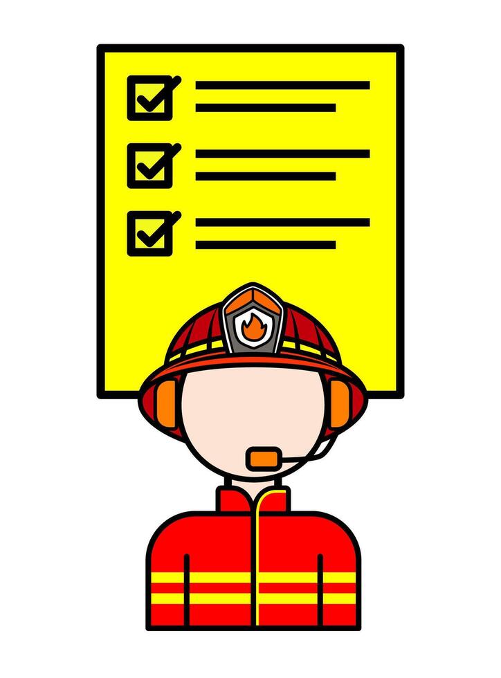 Flat icon of a firefighter with a checklist, wearing a helmet and headset, representing emergency response, safety, and fire department coordination vector