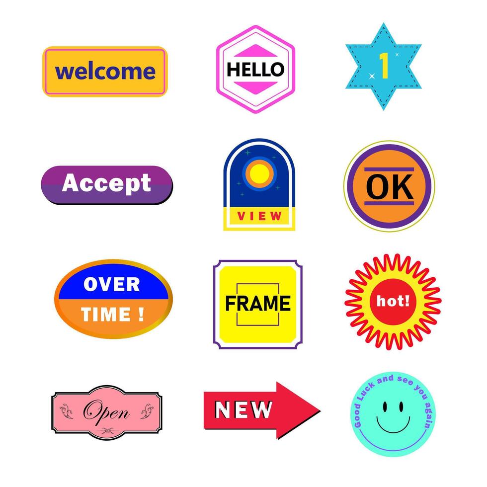 This image contains a collection of colorful icons and symbols commonly used in graphic design, web design, and user interface design. The icons convey various message and a smiley face vector