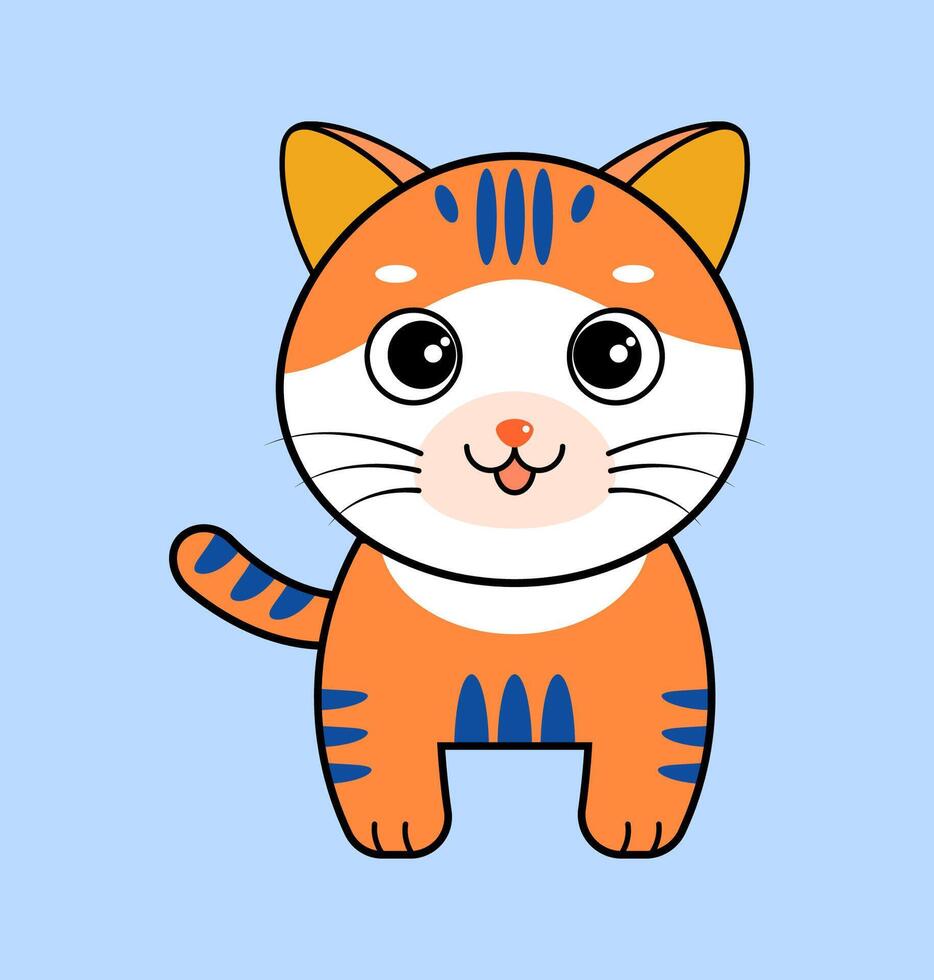 Adorable cartoon orange cat with big eyes and a playful smile on a blue background, perfect for kids products, prints, and digital content. vector