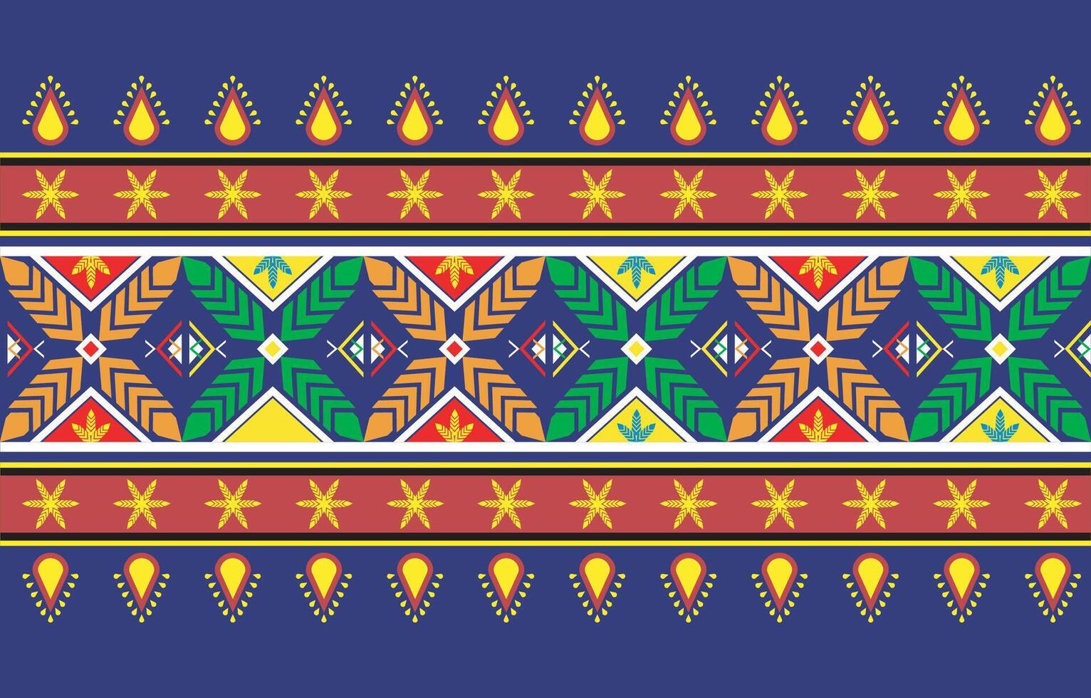 A richly colored tribal or folk pattern with intricate geometric and stylized botanical elements, suitable for textile design, backgrounds, or decorative use. vector