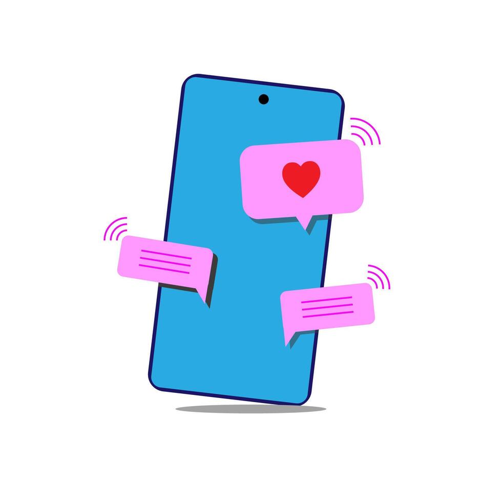 A simple, colorful illustration of a smartphone with a heart icon and speech bubbles, representing social media notifications or messaging apps. vector