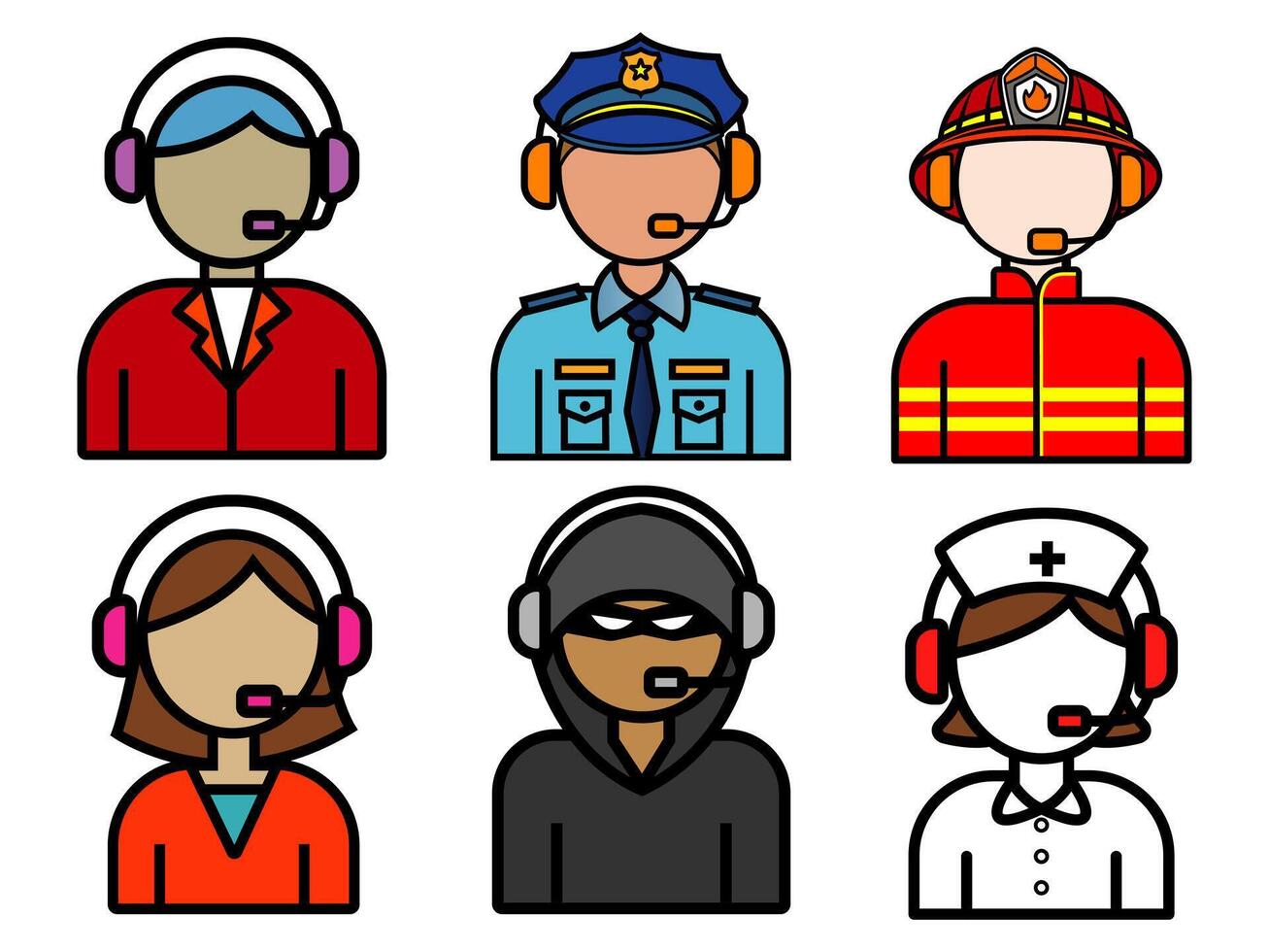Set of flat icons representing various emergency and service call center operators, including firefighter, police, nurse, and customer support roles vector