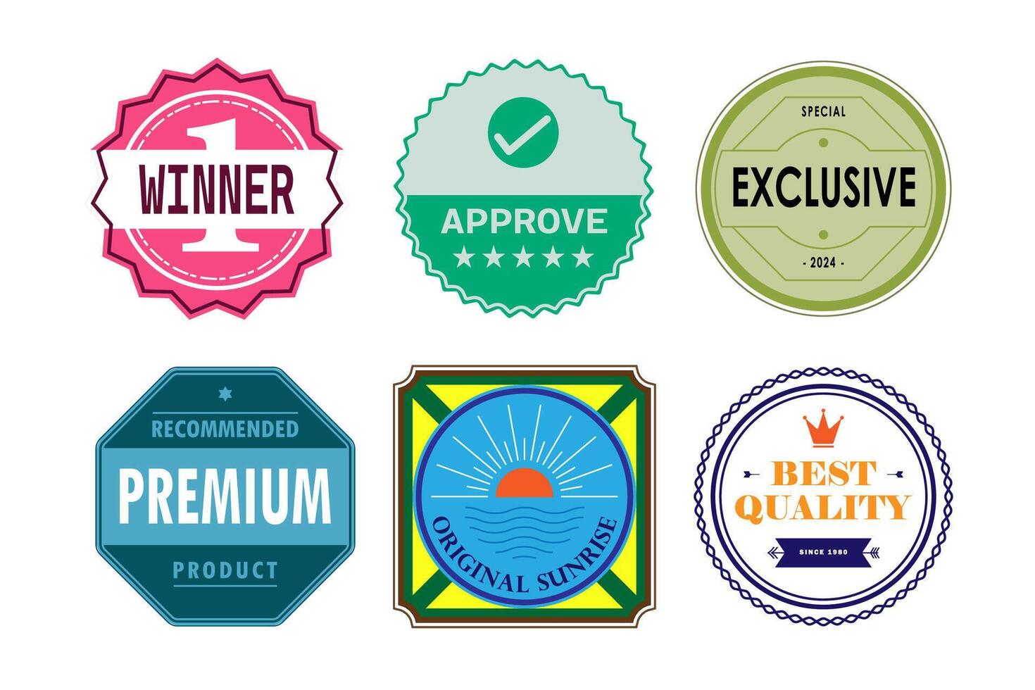 illustration of stylish badges with unique designs for labels, awards, and certifications. Ideal for branding, marketing, and recognition themes. vector