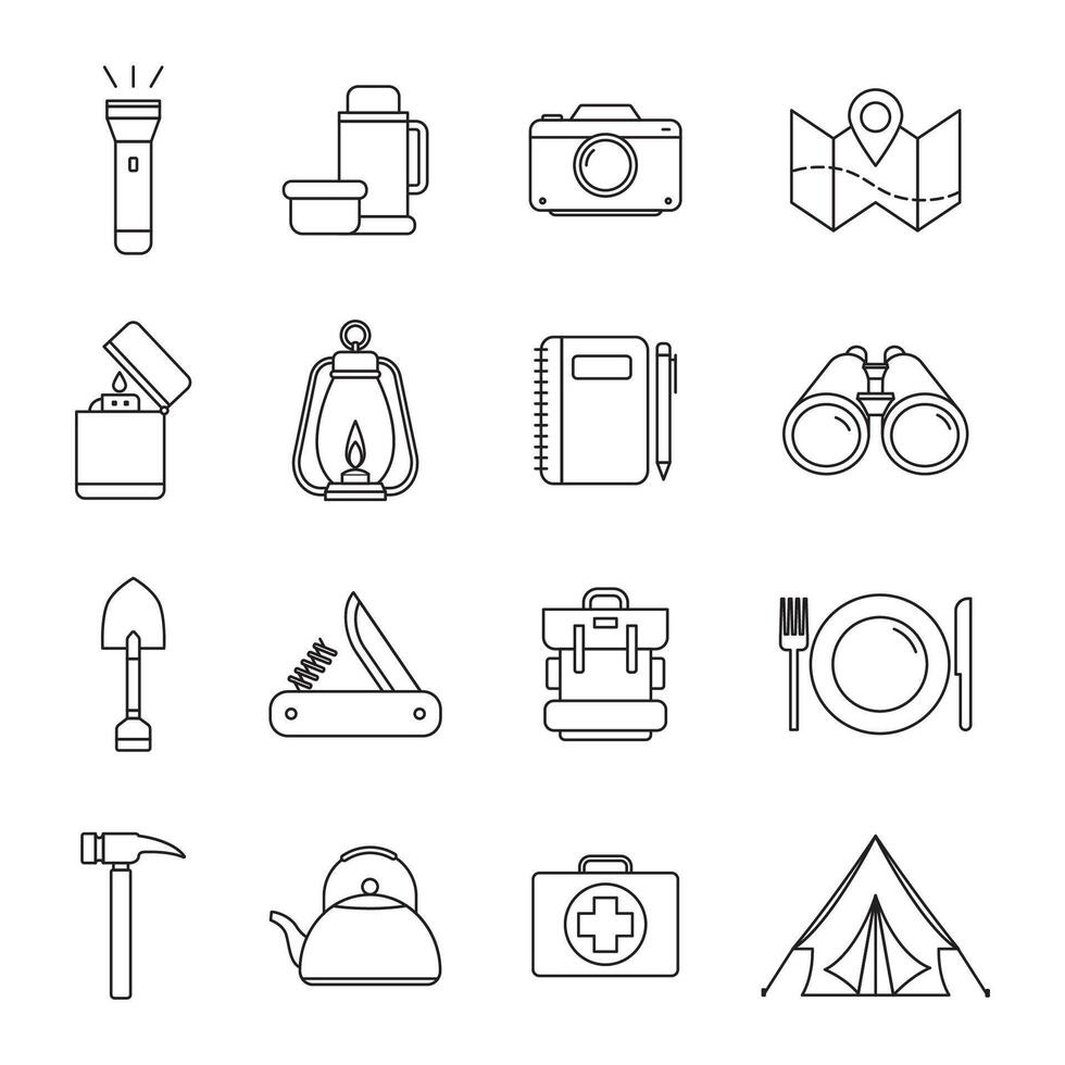 A set of camping equipment line icons, including a flashlight, camera, backpack, lantern, tent, and more. Perfect for outdoor adventure, survival gear, and travel-related designs vector