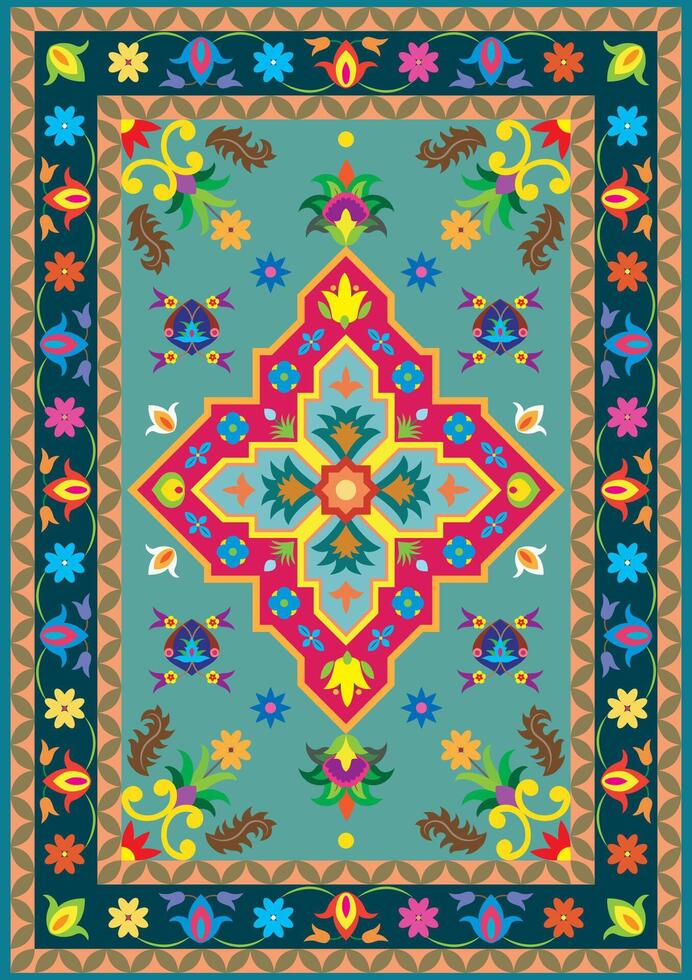 Intricate geometric floral design resembling a carpet or fabric texture, featuring vibrant colors, decorative patterns, and symmetrical motifs in a seamless layout. vector