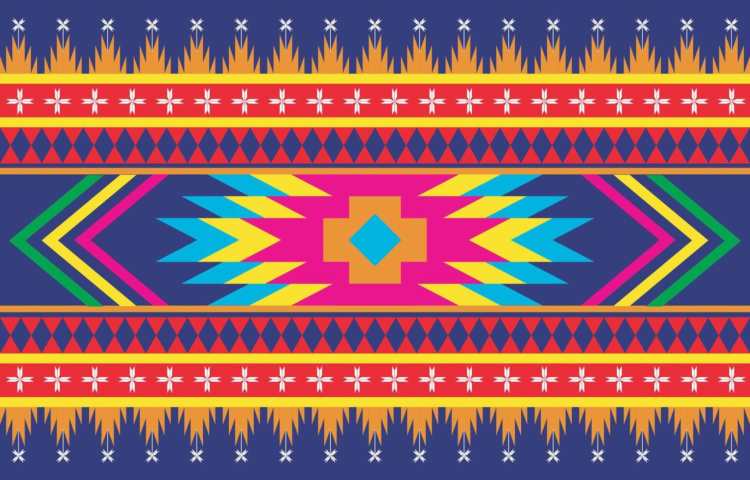 A vibrant and intricate ethnic pattern in a Southwestern or tribal style, featuring bold geometric shapes and a rich palette of blue, orange, pink, and yellow. vector