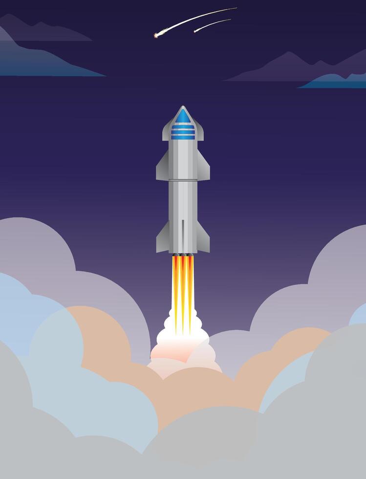Futuristic starship rocket launching into the night sky surrounded by clouds and shooting stars. Ideal for space exploration themes, technology illustrations, and sci-fi concepts. vector