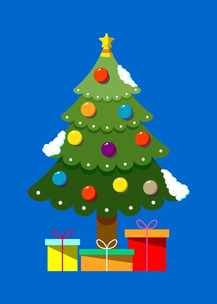 Festive Christmas tree with colorful ornaments, star topper, and gift boxes, ideal for holiday themed designs and decorations. vector
